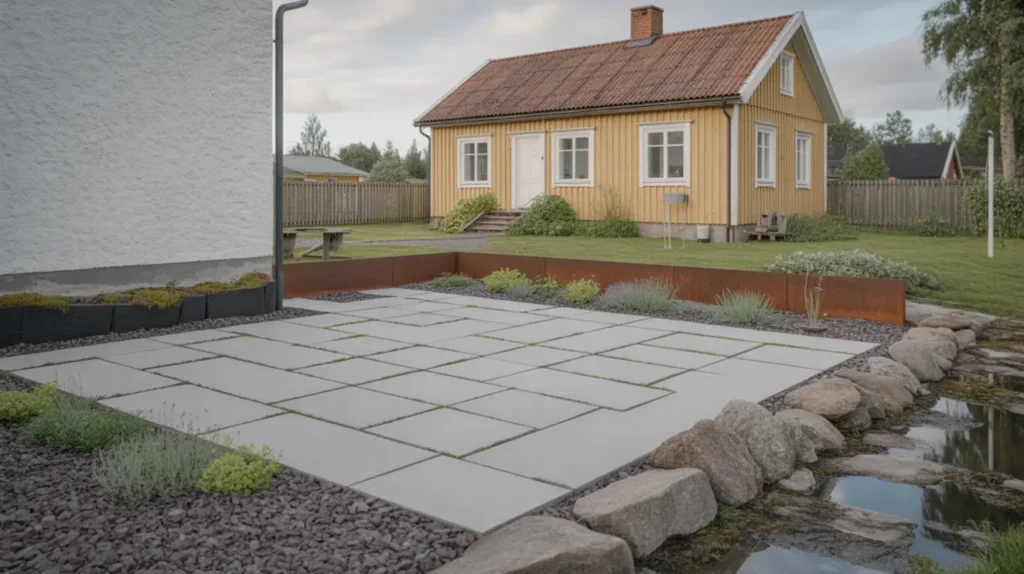 plattsatt uteplats med kantsten och rabattkant i flogsta uppsala