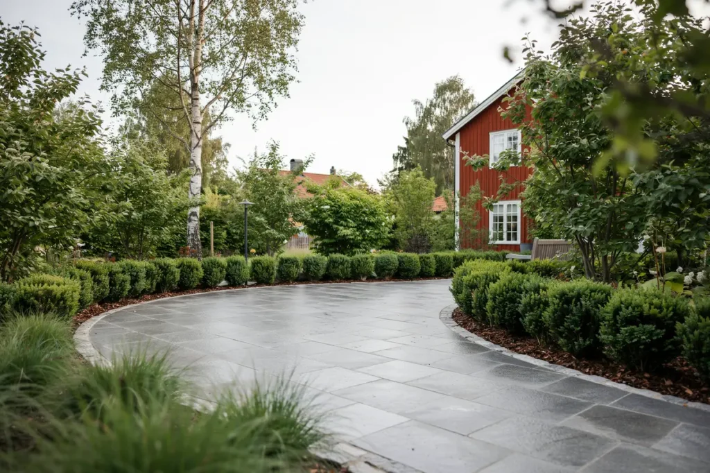 stensatt uteplats med rundad form i luthagen uppsala